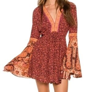 Free People Red Orange Floral Bell Sleeve Bohemian Open Back Mini Summer Romper